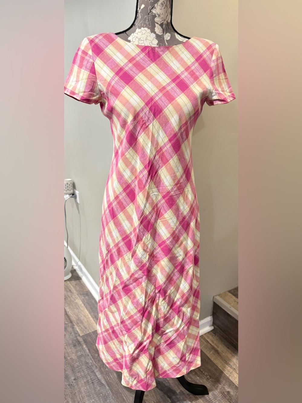 Talbots Y2K Pink Plaid Short-Sleeve Tea-length Dress